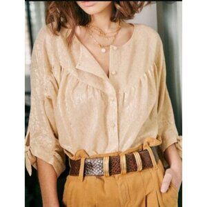 Sezane Womens 4 US Metallic Button Up Blouse 3/4 Ruched Sleeve Shirt Top